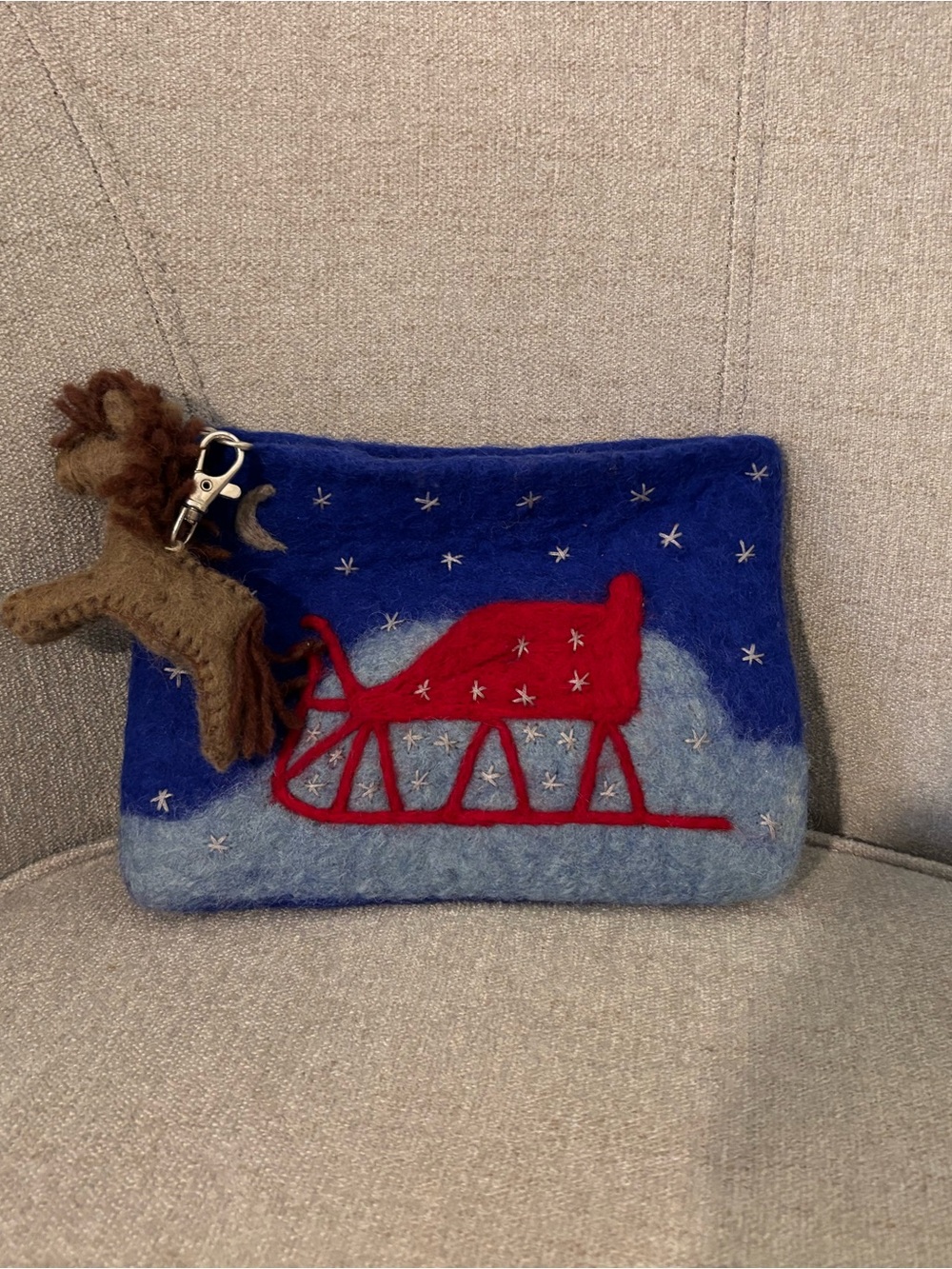 BRAND NEW - Jenny Krauss Handmade Felted Pouch with Red Sleigh Design